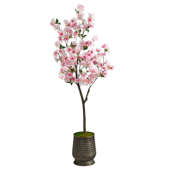 Nearly Natural 5.5ft. Cherry Blossom Artificial Tree in Ribbed Metal Planter