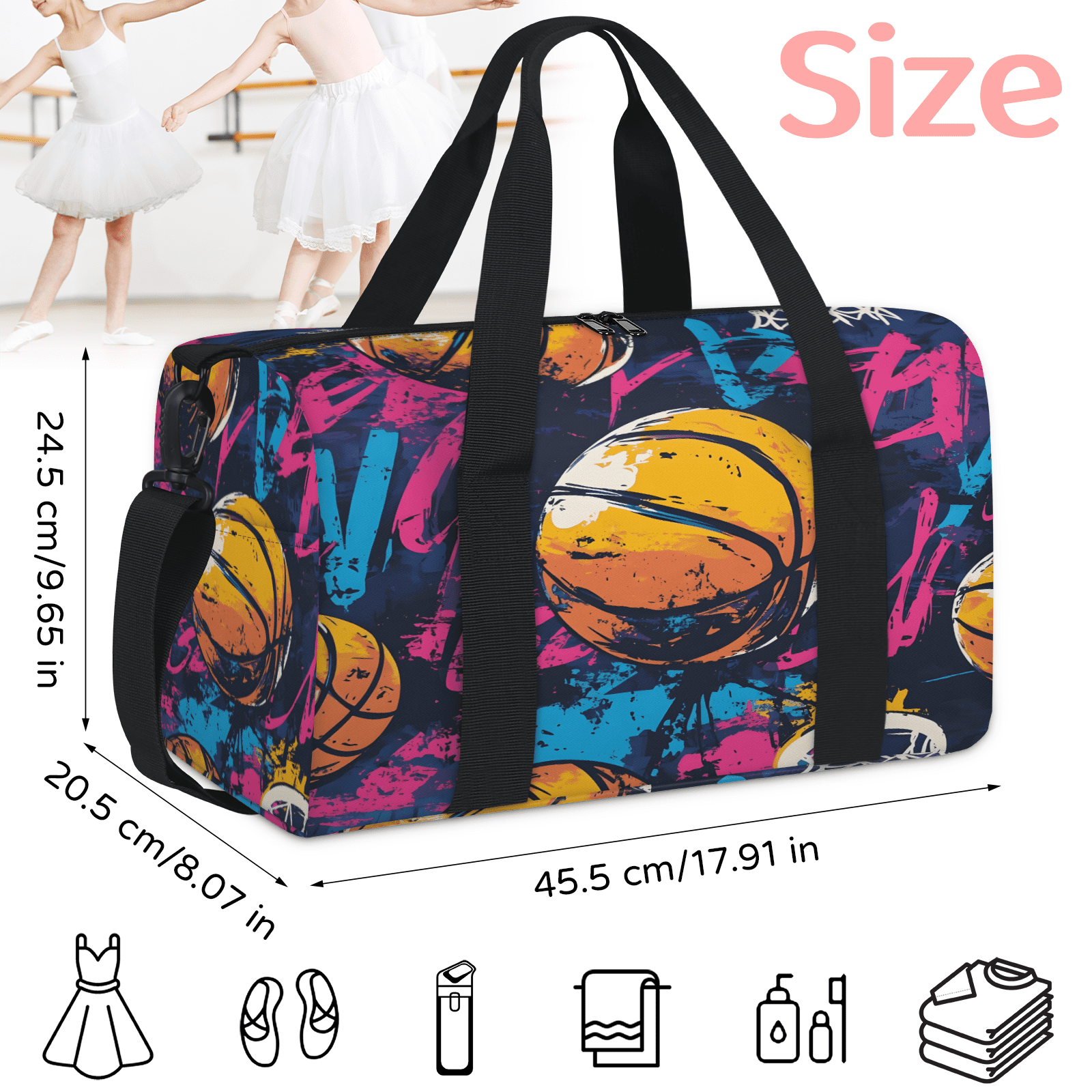 Herdesigns Basketball Sports Gym Bag for Women, Duffle Bag for Travel Sport, Lightweight Waterproof Carry on Weekender Dance Yoga Workout Bags
