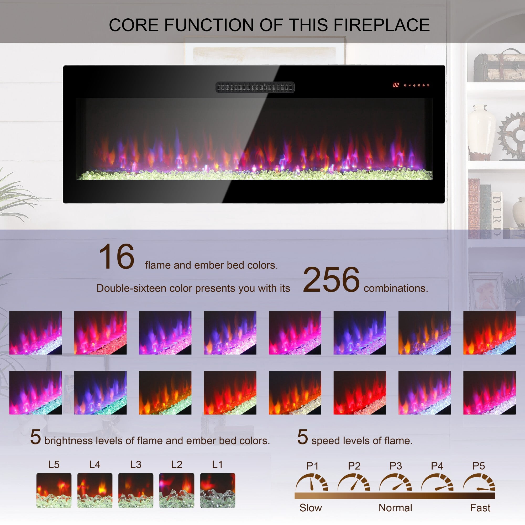 AENKYO 60'' Electric Fireplace with 3D Flame, 16 Color Options, Touch & Remote Control, Wall Mount or Recessed, Black