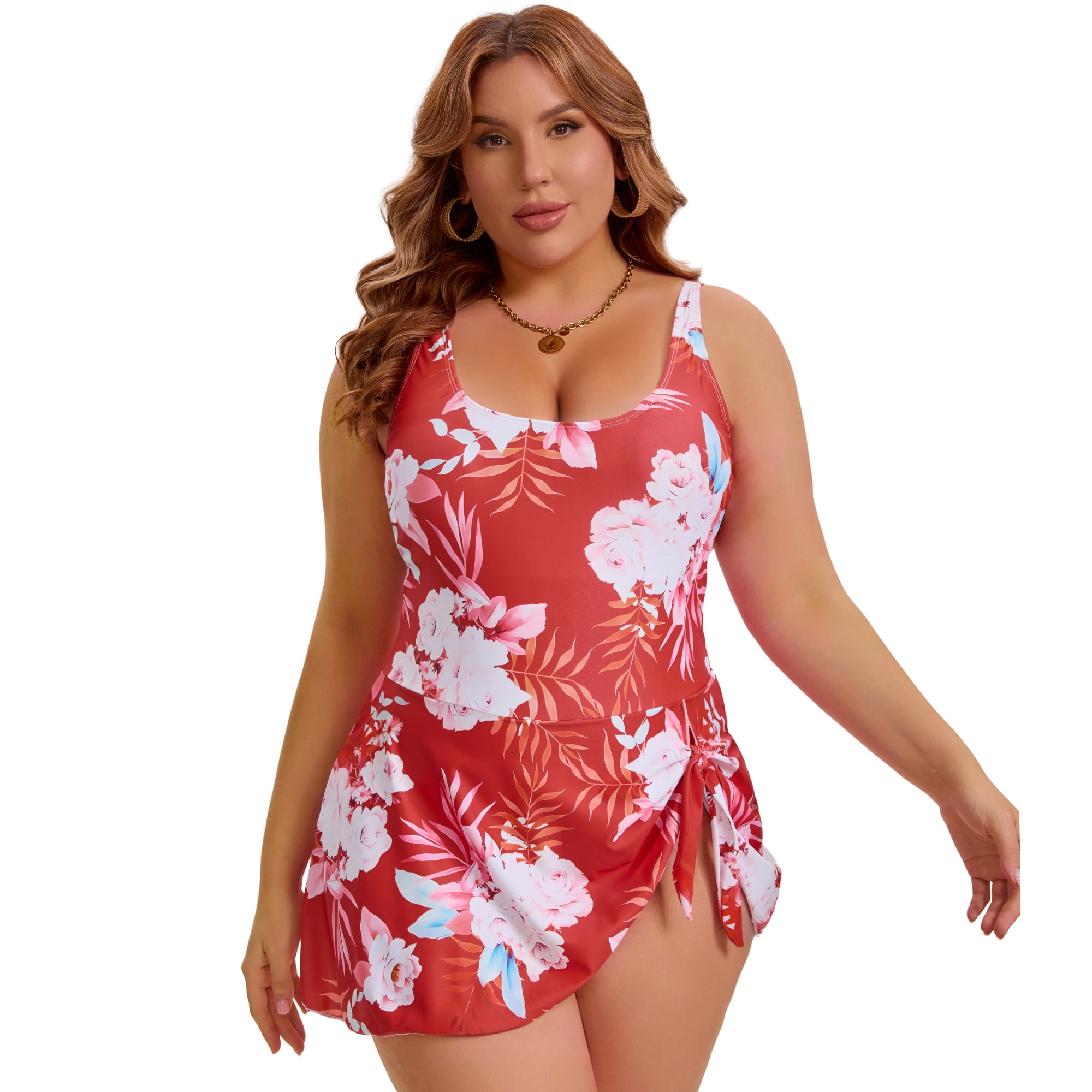 DARING DIVA Women's Plus Swimdress Floral Push Up Bathing Suit L Brick Red