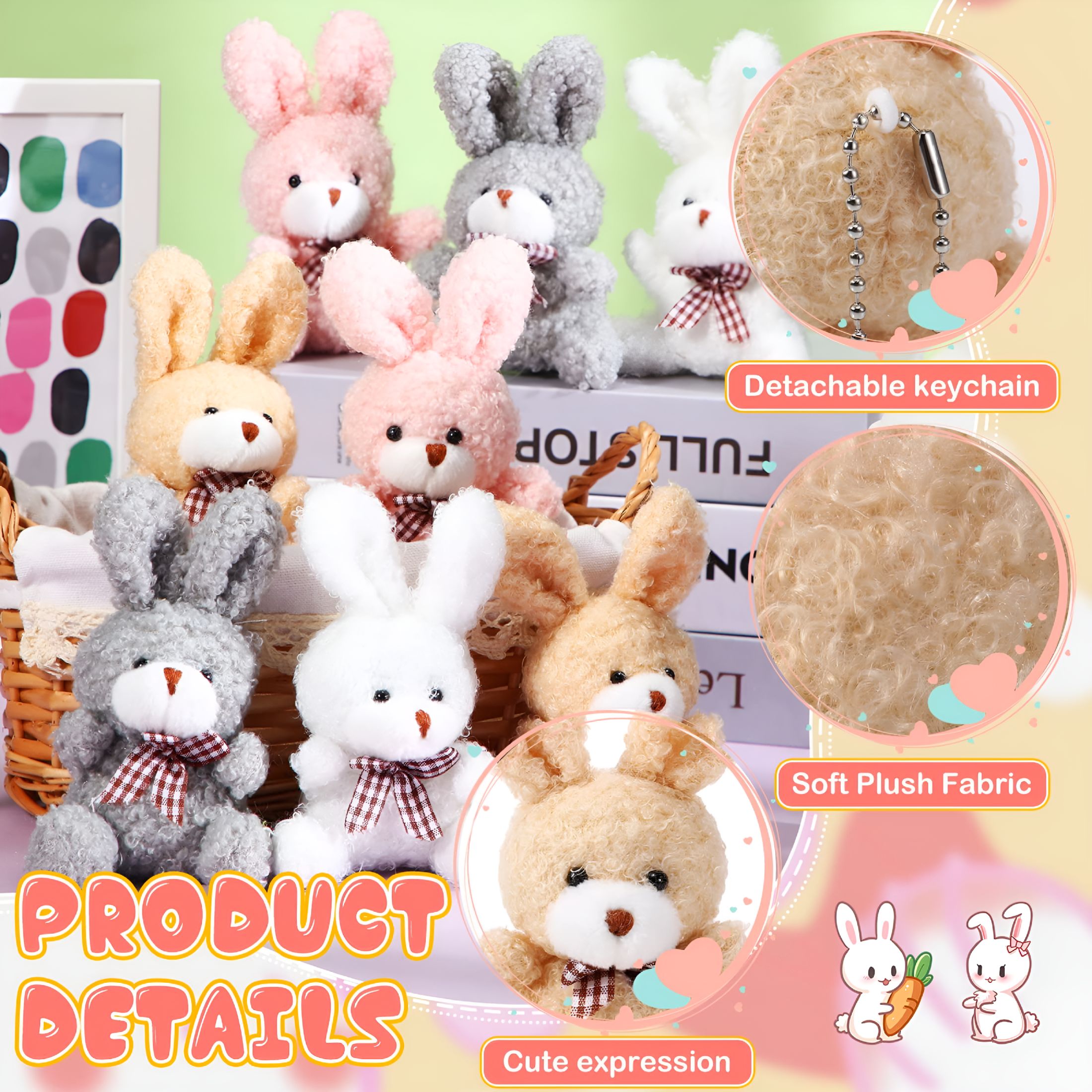 BESTSKY 24 Pcs Plush Bunny Stuffed Animal Bulk 4.7 Inch Mini Bunnies Keychain Doll Furry Rabbit with Bow Tie for Birthday Xmas Easter