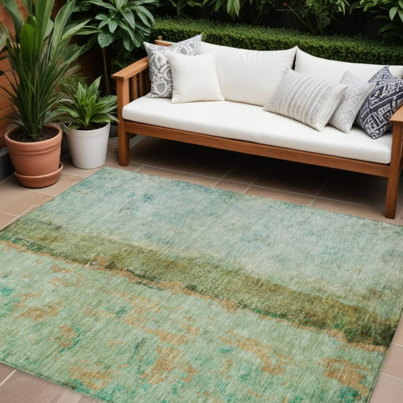 HomeRoots 578038 9 x 12 ft. Abstract Washable Indoor & Outdoor Rectangle Area Rug, Green, Olive Green & Blue
