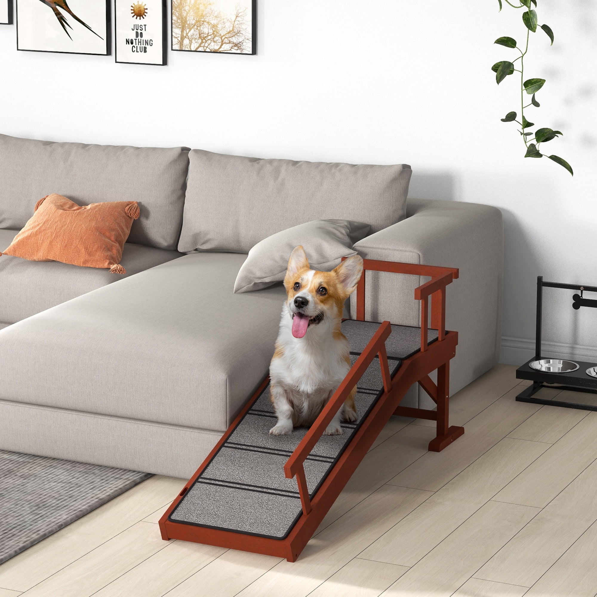 PawHut Wooden Dog Ramp with Removable Guardrails, Non-Slip, 49", Brown