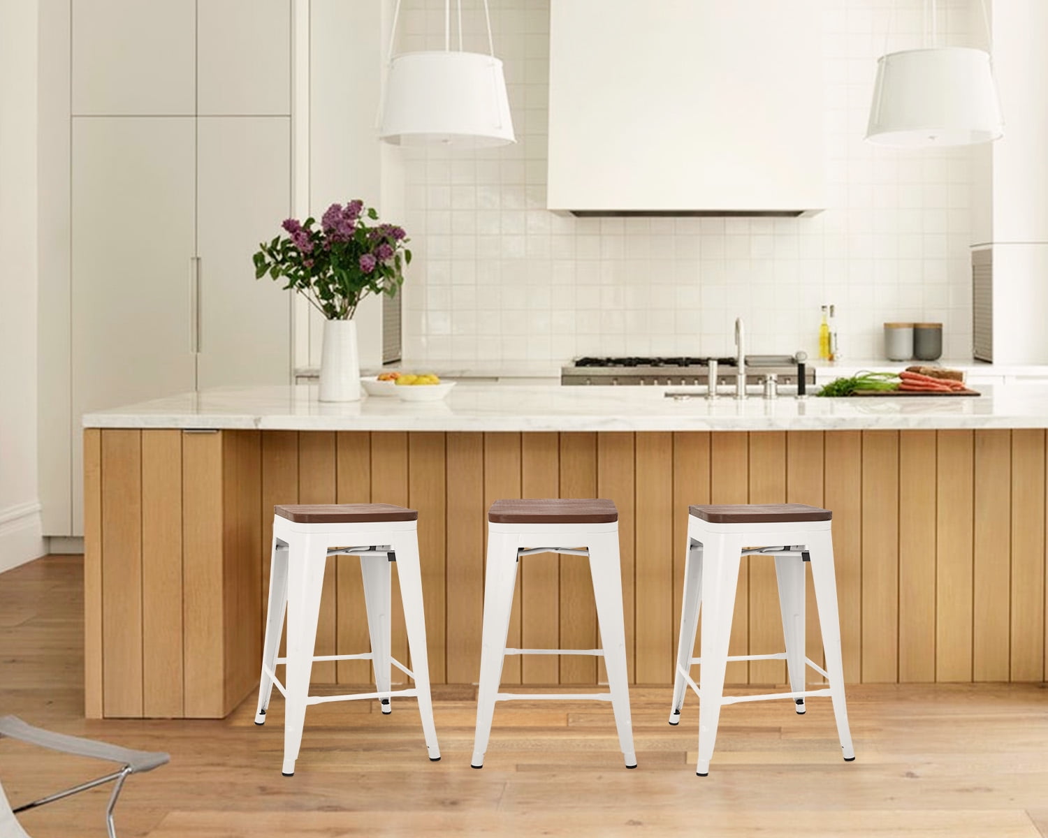 YRLLENSDAN Modern Bar Stool Set of 4 Counter Height Barstool with Back 24 Inches Seat Height Industrial Bar Chairs Indoor Outdoor Metal Kitchen Stools Restaurant Patio Stool Stackable, White