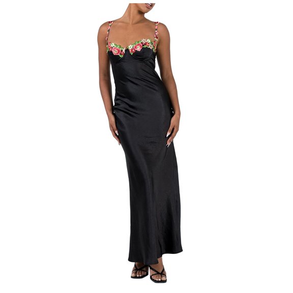 XIAOCHA Summer Chic Maxi Dress for Women Floral Embroidery Spaghetti Strap Club Gowns