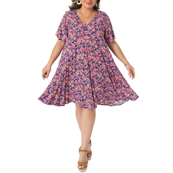 Agnes Orinda Women's Plus Size Sundress Floral V Neck Short Sleeve Beach Vacation Summer Midi Dress with Pockets 2X Pink Blue