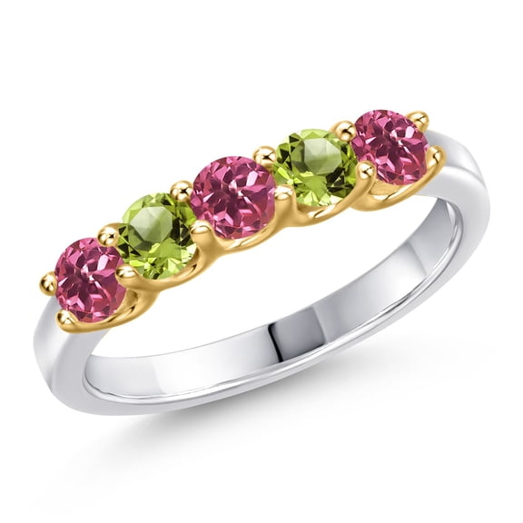 Gem Stone King 925 Silver and 10K Yellow Gold Pink Tourmaline and Green Peridot Wedding-Bands Ring for Women | 0.86 Cttw | Round 3.5MM | Gemstone October Birthstone | Size 5