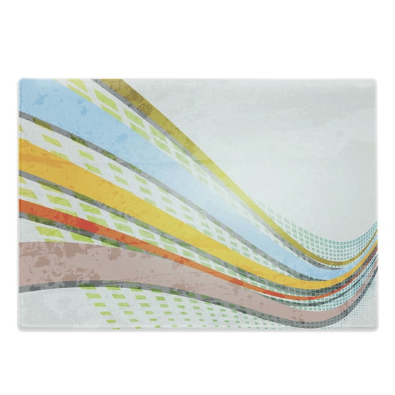 Vintage Rainbow Cutting Board, Vintage Design Inspirations Colorful Curved Stripes and Checkered Squares, Decorative Tempered Glass Cutting and Serving Board, Large Size, Multicolor, by Ambesonne