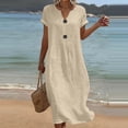 thumbnail image 2 of Women's Notch V Neck Maxi Dress Rolled Short Sleeve Loose Straight Casual Long Dress With Decorative Buttons Lightweight Summer Beach Cover Up Vacation Dress, 2 of 6