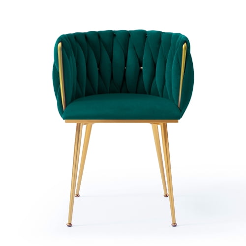 Set of 2 Modern Velvet Dining Chairs with Woven Backrest & Golden Metal Legs – Upholstered Accent Chairs for Dining Room, Kitchen, Living Room, Bedroom, Vanity, Green