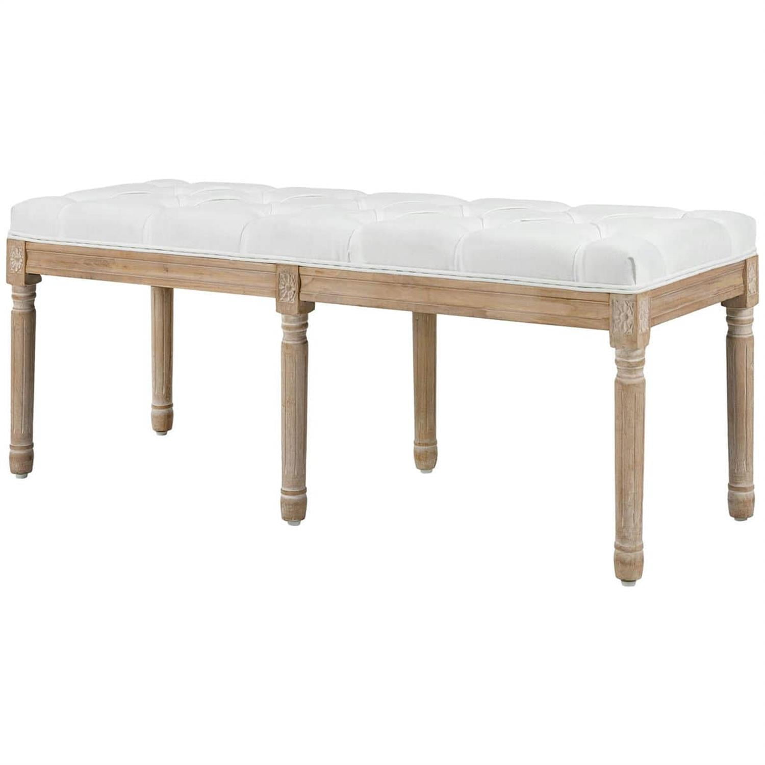 Demi Bonn 46" Luxe Linen Upholstered Bench, Thick Cushioned End of Bed Bench with Wooden Legs for Bedroom Seating, White
