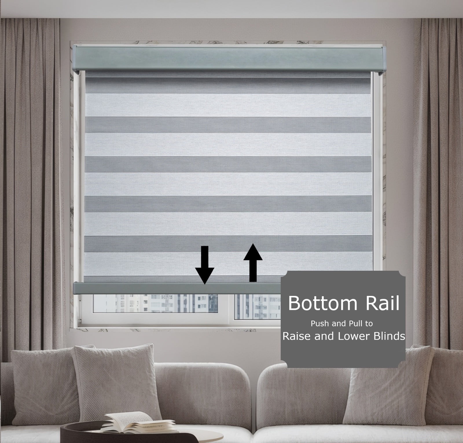 26" Gray Cordless Window Zebra blinds with Dual Layer Jacquard Material For Privacy and Light Control, Roller Zebra Shades for Indoor Home and Office