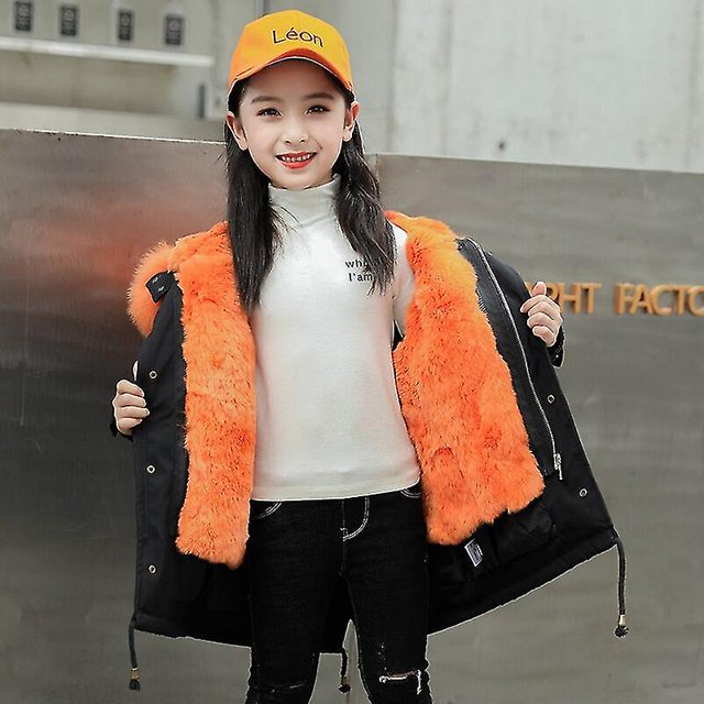 Abajo Parkas Forro desmontable Cuello de piel real Chaqueta gruesa y cálida - /Black Orange2T