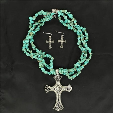 Strand Turquoise Cross - Blazin Roxx 29736 3 Strand Cross Necklace & Earring Set, Turquoise - 18 to 20.50 in.