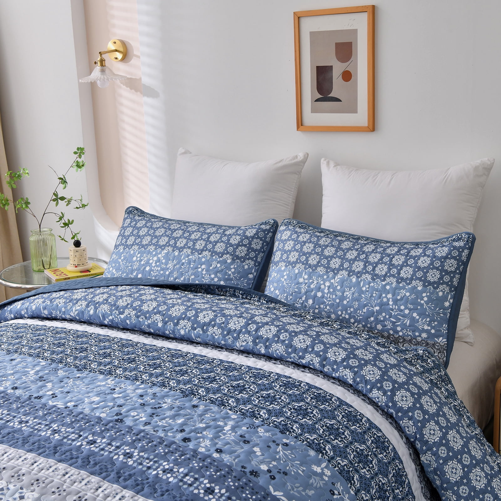 Dintszyayue 3Pcs Floral Boho Quilt Set Queen,Blue Bohemian Striped Patchwork Bedspread Adult(90"×96")
