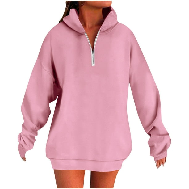 HongQid Women's Casual Long Sleeve Lapel Zipper Sweatshirt Oversized Loose Pullover Tops
