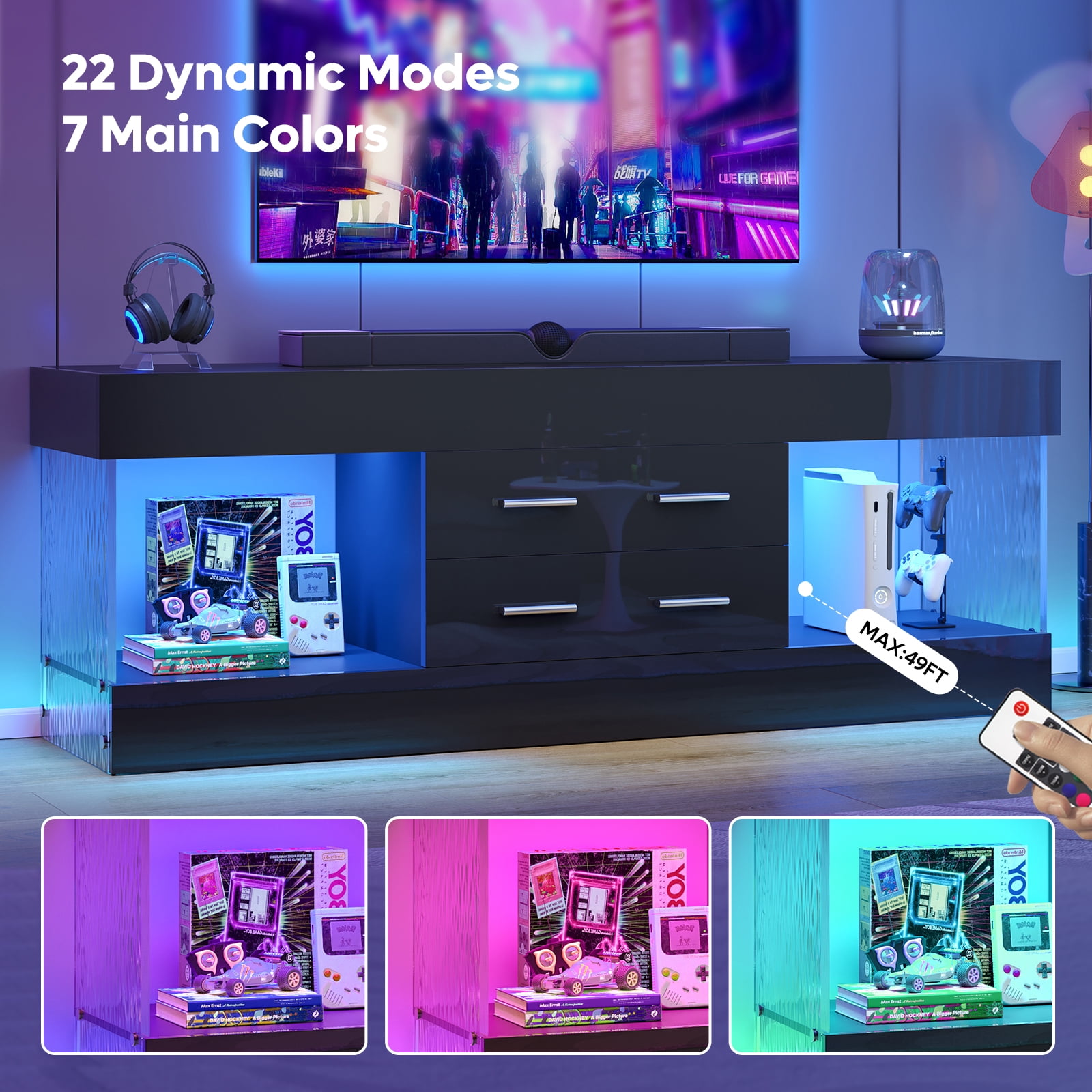 Bestier Black TV Stand for TVs up to 65", Modern High Gloss Entertainment Center for TVs with LED Light, TV Console Table with 2 Storage Drawers