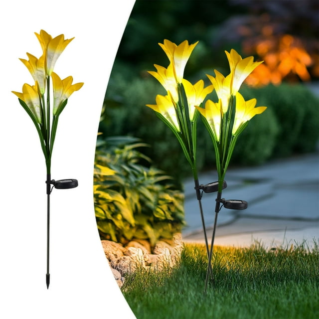 Luces de suelo de flor de lirio solar, paquete de 2 lámparas decorativas de jardín al aire libre, luces de estaca LED impermeables de 27.56 ", decoración de patio multicolor con energía solar