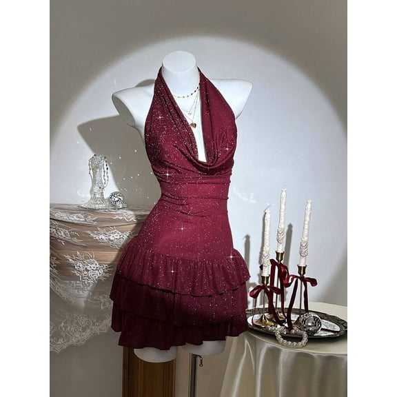 Burgundy Metallic Glitter Draped Neck Backless Ruffle Hem Bodycon Mini Dress For Women