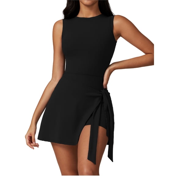 IWEMEK Women’s High Neck Sleeveless Athletic Tennis Dress with Built-in Shorts for Golf Workout Rompers Wrap Skirt M Black