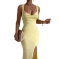 thumbnail image 3 of Women'S Slip Long Dress Cowl Neck Backless Ruched Bodycon Side Split Cocktail Party Night Out Dress Yellow M, 3 of 9