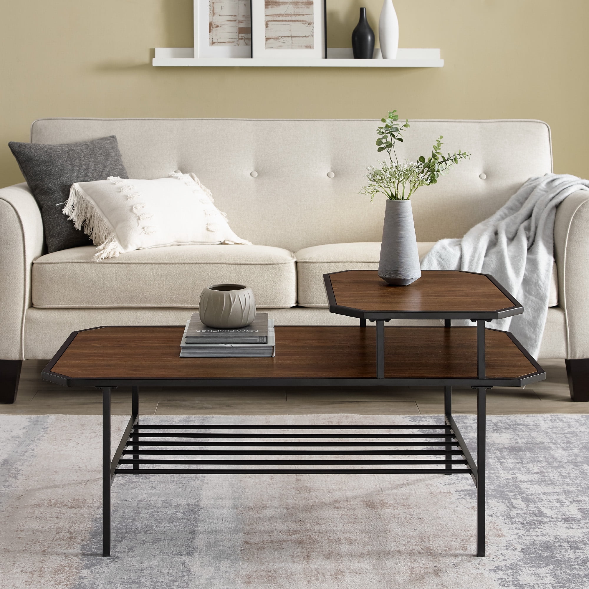 Manor Park Modern Octagon Metal Tiered Coffee Table, Dark walnut/Black