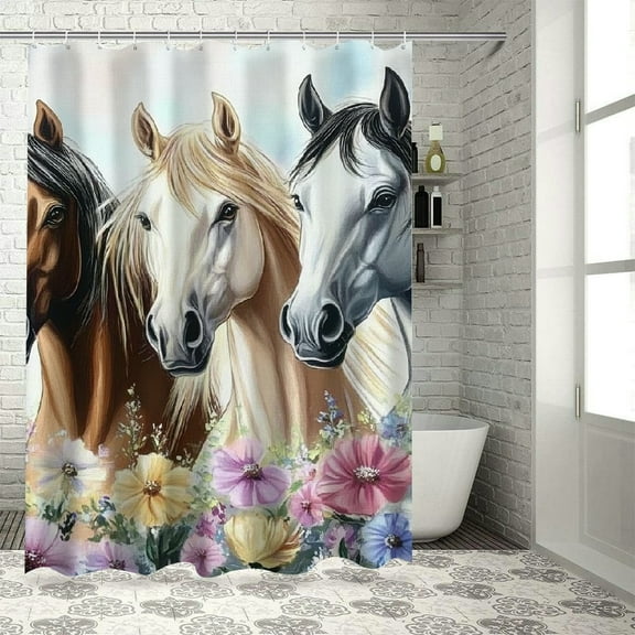 Patifu Horses Flowers Digital Painting Shower Curtain Set 100% Polyester Bathroom Shower Curtain with Hooks 36"x72