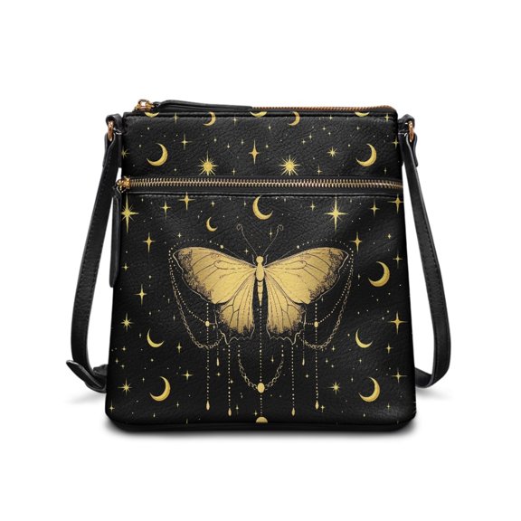 Kuiaobaty Butterfly Moon Stars Print Crossbody Bag for Women, Trendy Portable Leather Satchel Purse with Adjustable Strap, Zipped Pockets Messenger Handbag Lightweight Shoulder Bag for School