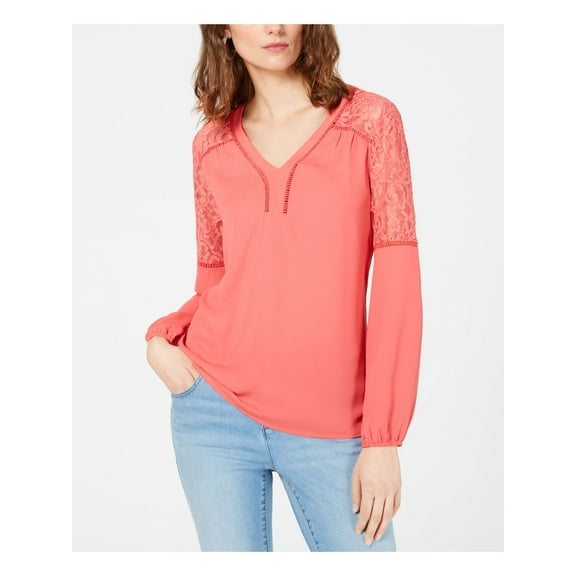 INC Womens Coral Lace Long Sleeve V Neck Blouse Size: XL