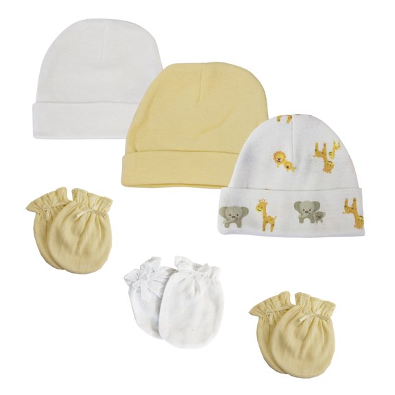 Baby Boy, Baby Girl, Unisex Infant Caps and Mittens (Pack of 6)