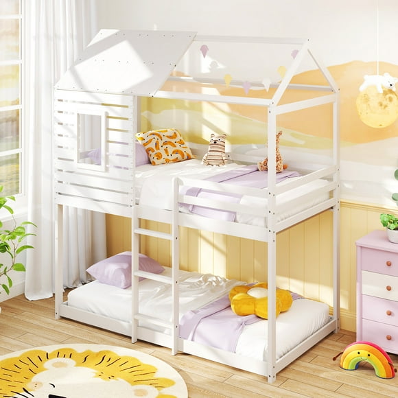 Gymax Twin over Twin House Bunk Bed Low-to-ground Bed Frame w/ Roof Solid Wood Bed