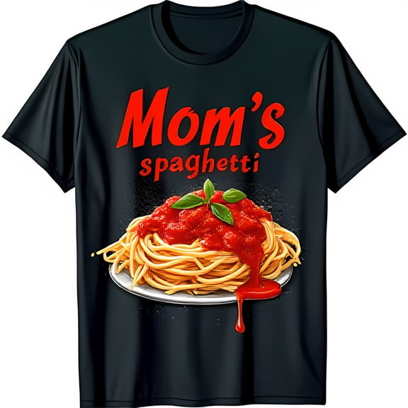 Black T-Shirt with Bold Mom's Spaghetti Graphic & Red Sauce Design