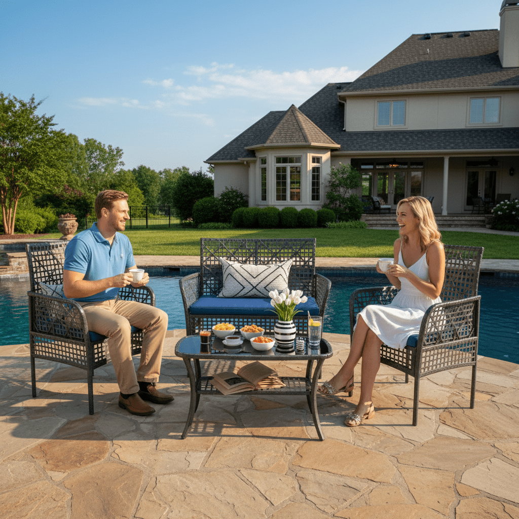 Segmart Patio Conversation Furniture Set,4-Piece PE Rattan Patio Furniture Set, Outdoor Conversation Set with Tempered Glass Table & Soft Cushions, All-Weather Blue Wicker Seating Group for Garden