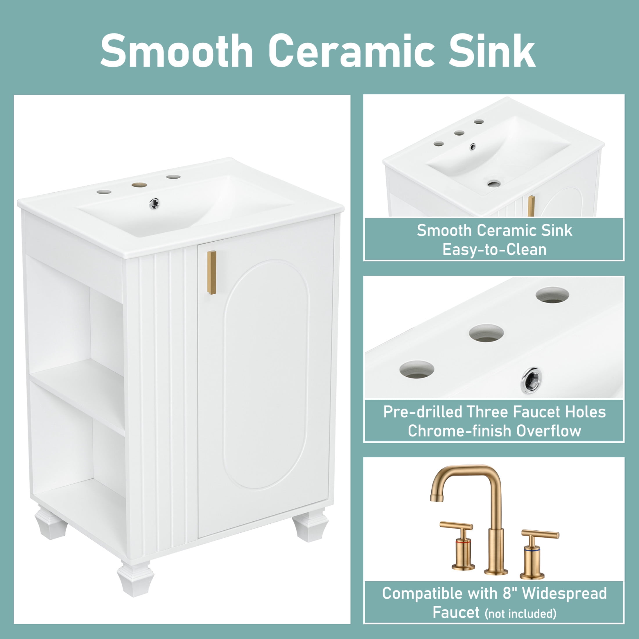 Christopher Knight Home 24" Bathroom Vanity with Sink, Wood Storage Cabinet with Side Open Storage, White