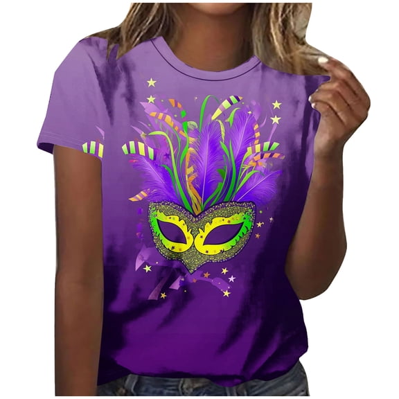 successthop Mardi Gras T Shirts for Women Mask Print Casual Oversized Crewneck Shirt Short Sleeve Top Plus Size Outfits