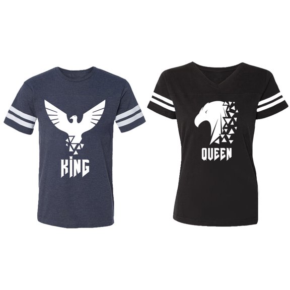 King Queen Eagle White Matching Couple Cotton Jerseys (Men Navy / Women Black) (Men S / Women S)