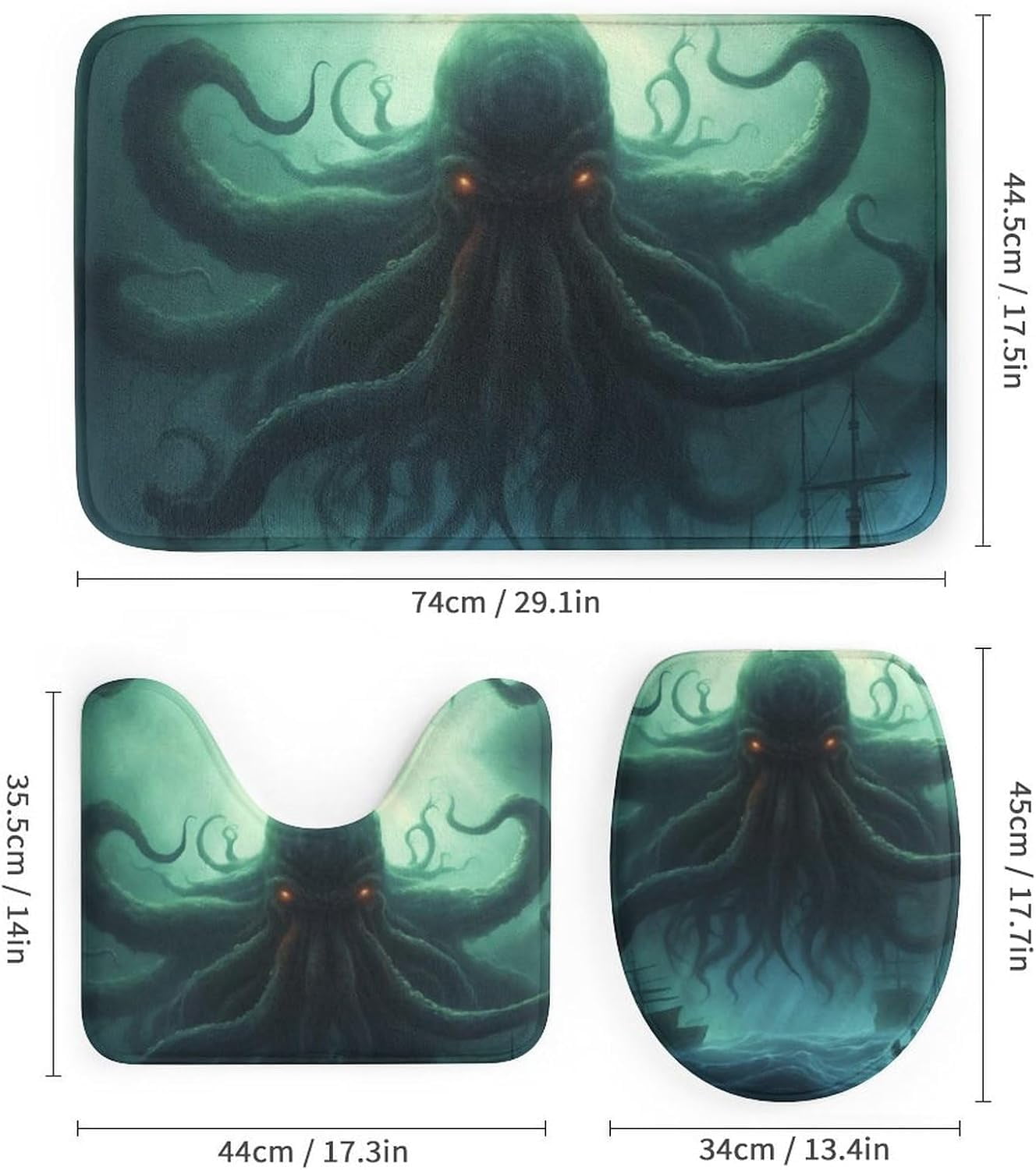Dead Cthulhu Waits Dreaming 4 Pcs Bathroom Shower Curtain Set,Bathroom Sets with Rugs (Bath Mat,U Shape and Toilet Lid Cover Mat), Bathroom Decor Set