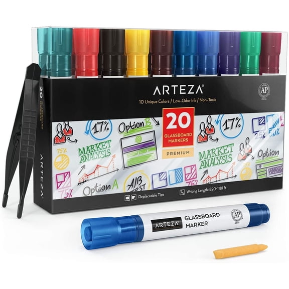 Arteza Washable Glassboard Markers Set, Assorted Classic Colors, 20 Pack