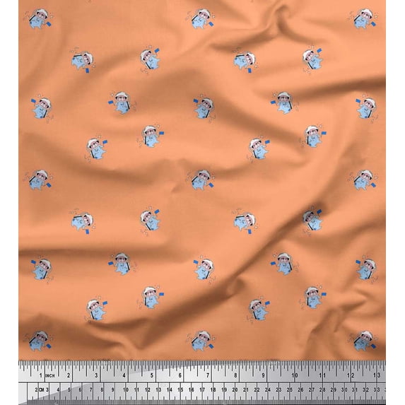 Soimoi Polyester Crepe Fabric Star & Astronaut Bear Kids Printed Fabric 1 Yard 42 Inch Wide