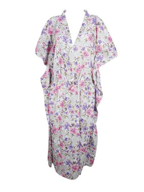 Mogul Womens Floral Caftan V-Neckline Cotton Printed Kimono Sleeves Cover Up Maxi Dress Kaftan One Size