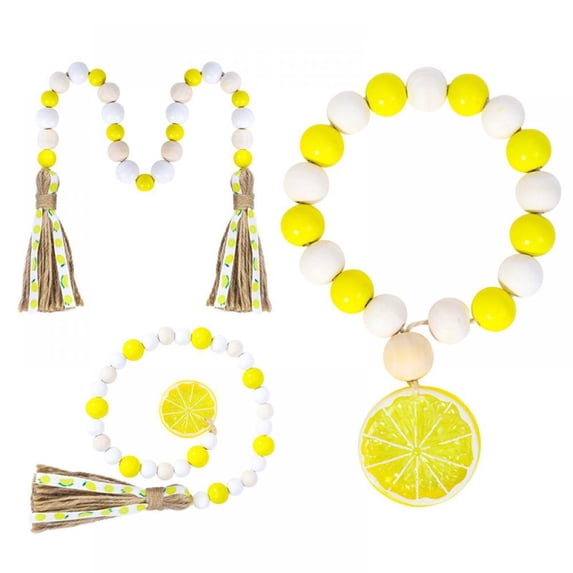 Aosijia 3 Pack Lemon Wooden Bead Garland with Jute Plaid Tassels and Lemon Slice, Rustic Tiered Tray Ornaments for Spring Summer Lemonade Home Decoration