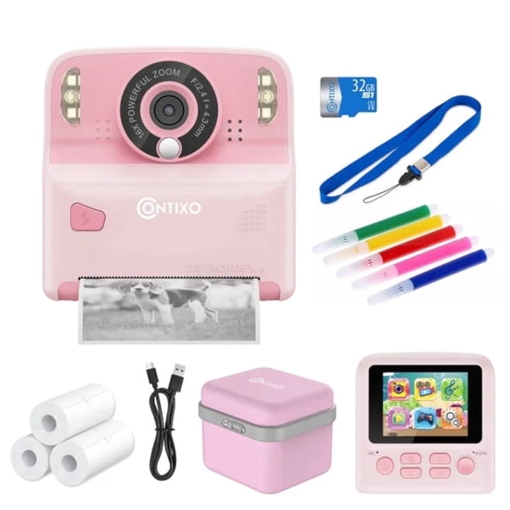 Open Box Contixo Instant Print Kids Camera, 26MP, 1080p, Games, MP3, 32GB Card, 3 Paper Rolls, Ages 3-12 - Pink