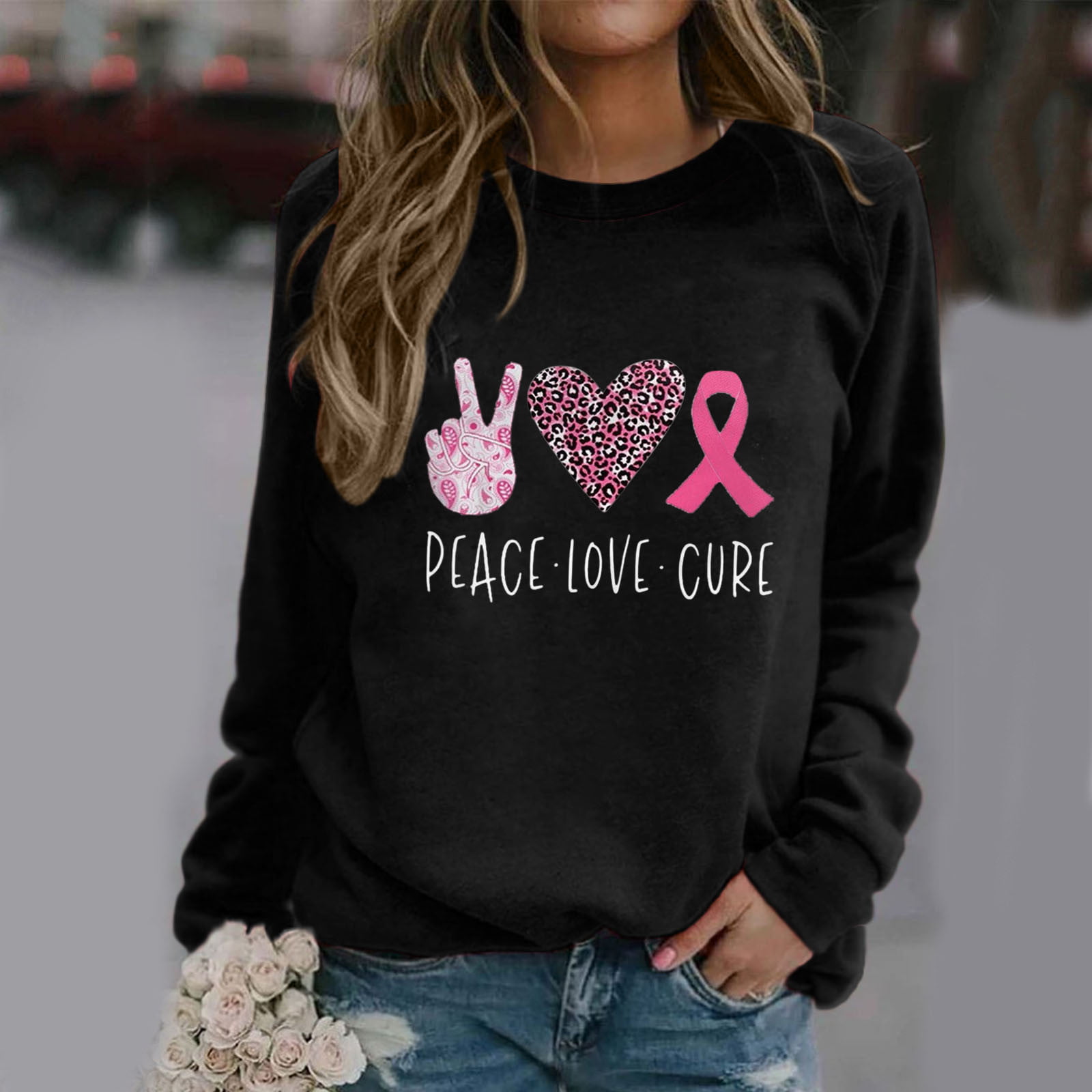 Breast Cancer Awareness Pullover Sweatshirt for Womens Casual Autumn Tops Cancer Survivor Pink Ribbon