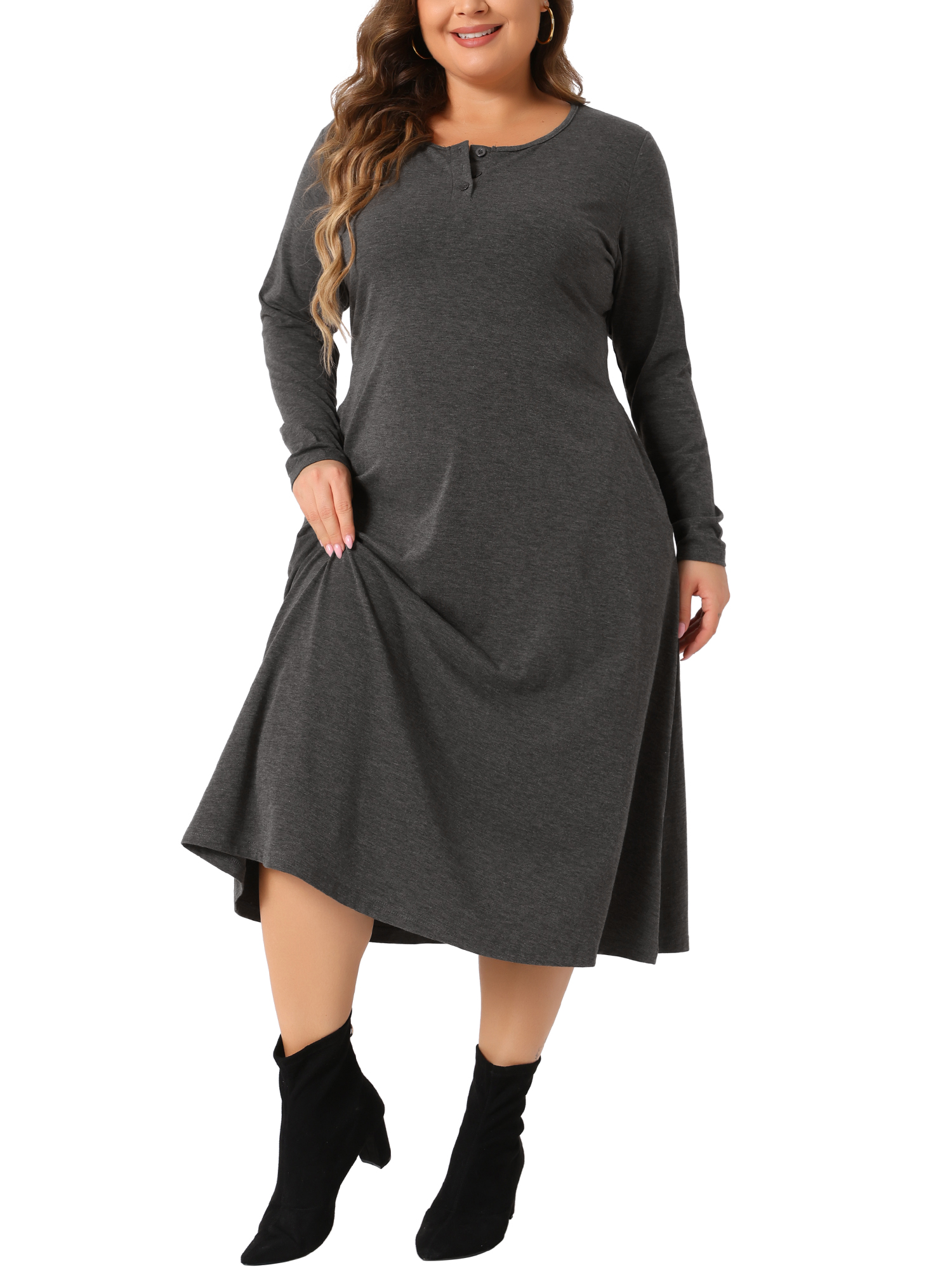 DARING DIVA Plus Size T-Shirt Crew Neck Button Long Sleeve Dress 1X Dark Gray