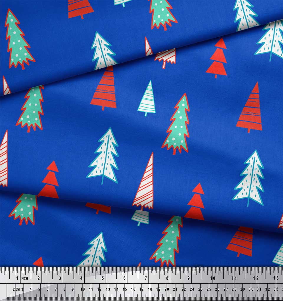 Soimoi Blue Cotton Jersey Fabric Christmas Tree Print Fabric by Yard 58 Inch Wide