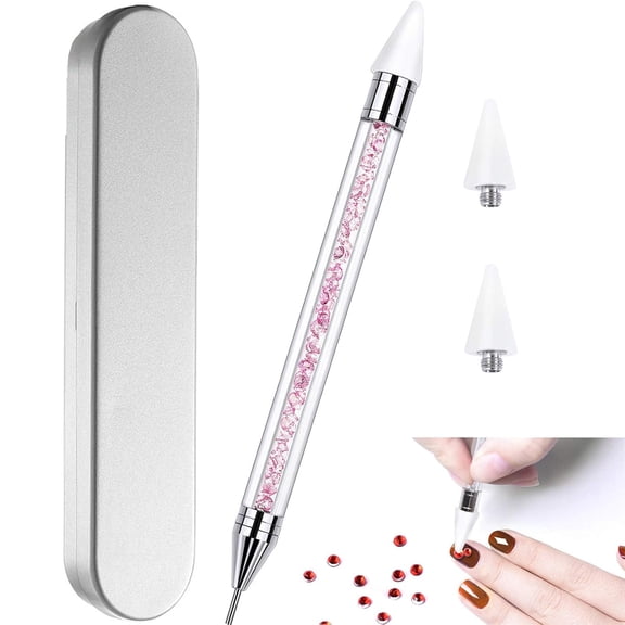 RAGUPEL Nail Rhinestone Picker Dotting Tool with Extra 2 Wax Head, Dual-Ended Diy Nail Art Tool with Pink Acrylic Handle Convenient Bedazzling Tools