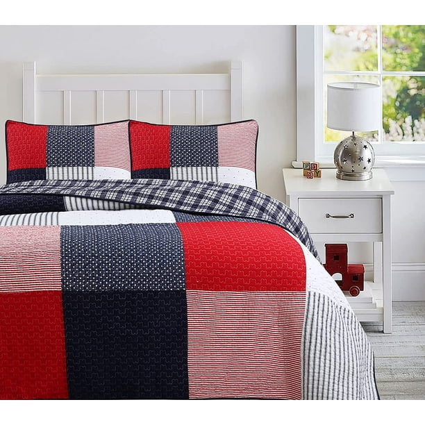 Patriotic Patchwork Plaid Red White Blue Cotton Queen Quilt Bedding Set