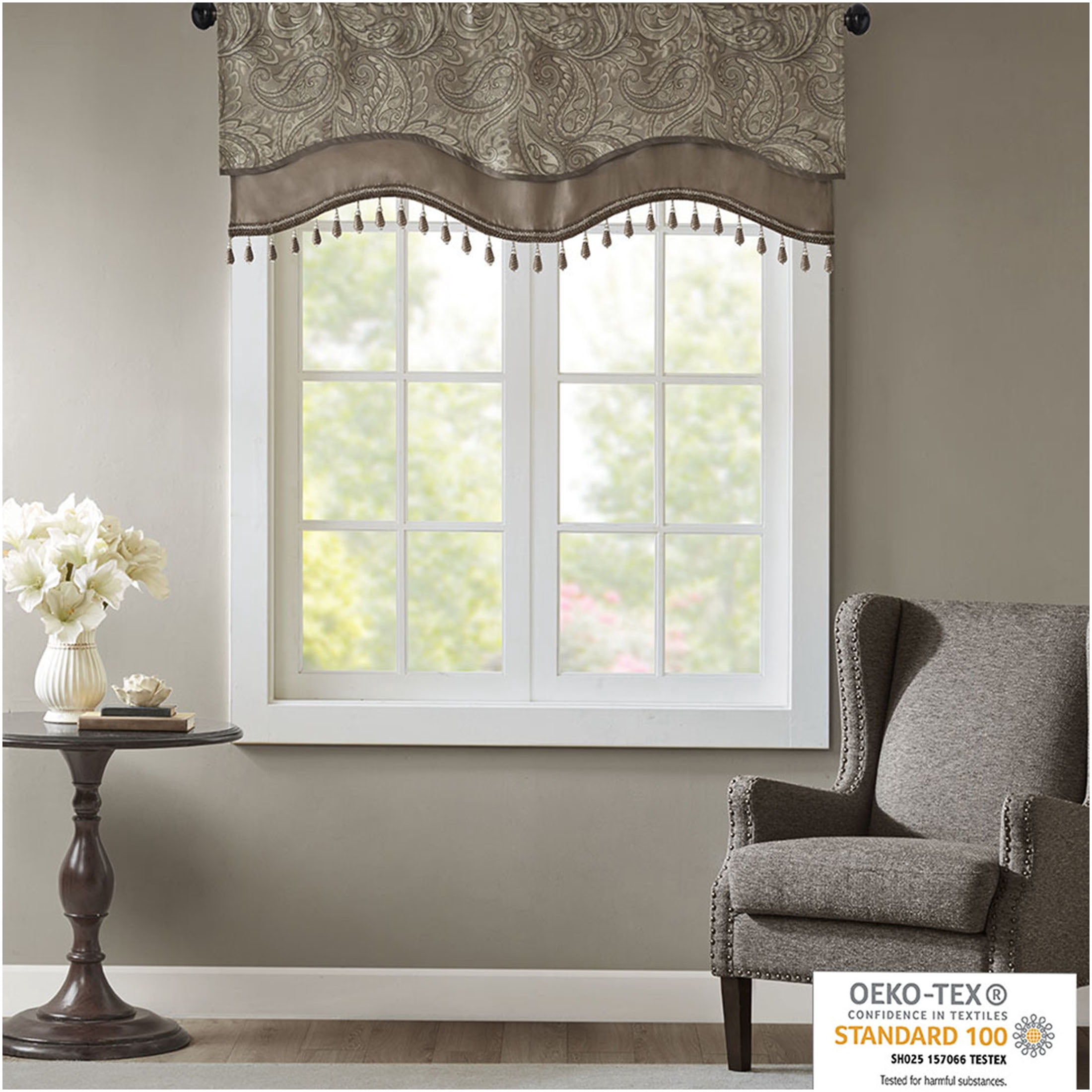 JERFIT Blue Brown Jacquard Valance with Beaded Trim, Paisley Window Curtain Valance, Rod Pocket Treatment for Kitchen Living Room, 50 x 18 Inch