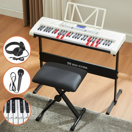 White Portable 61 Keys Electric Piano Keyboards with Lighted Up Keys,255 rhythms,Bench,Stand,Headphone,Microphone