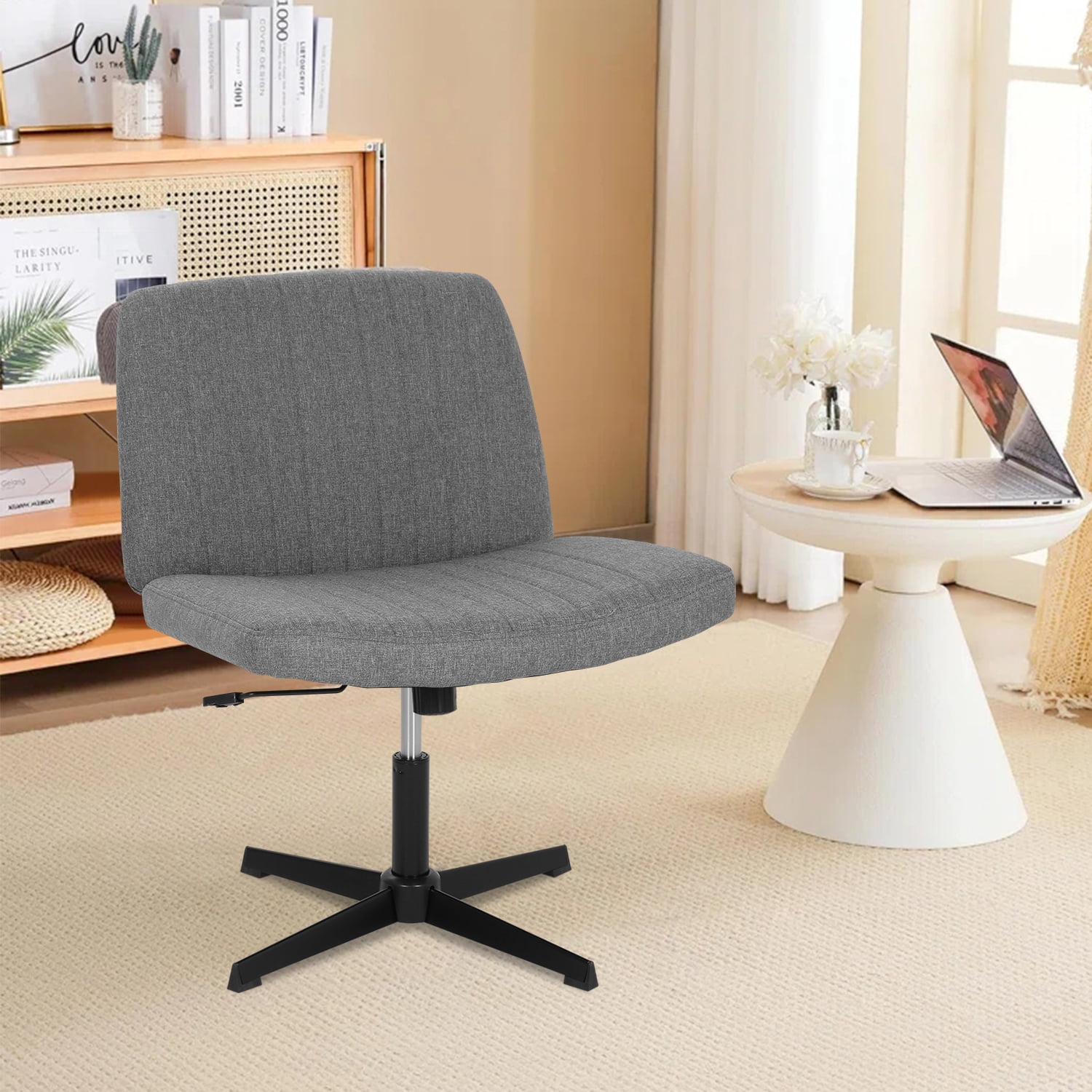 Criss Cross Chair, Armless Cross Legged Desk Chair Wide Seat Computer Task Chair Modern Height Adjustable Mid Back Chair No Wheels （Grey）